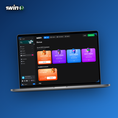 1Win no deposit bonus tile featuring a smartphone download icon and confetti