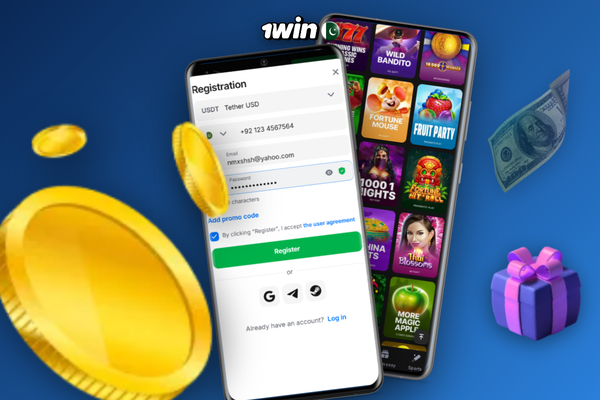 1Win app login screen with phone email social and fingerprint sign-in options