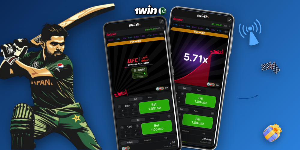 Aviator game 1Win round mid-flight showing 3.20x multiplier with PKR bet panels