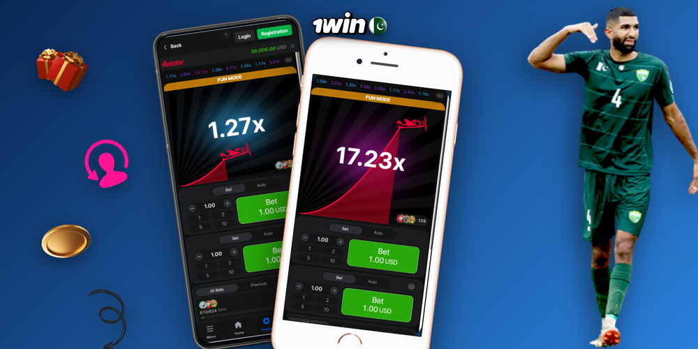 1Win Aviator app on smartphone with PKR bankroll tracker and responsible play icons