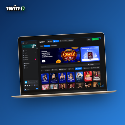 1Win site open in a browser on a MacBook flat illustration no download needed