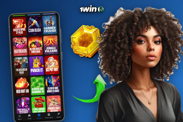 1Win casino review: player browsing slot thumbnails on a tablet with brand colours in the UI