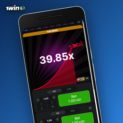 1Win casino crash games: a neon rocket climbing a rising multiplier curve on a dark grid