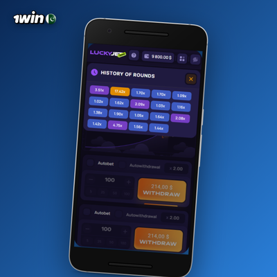 1Win Lucky Jet auto-bet mode active with a round counter for hands-free play