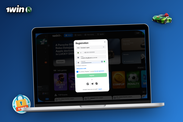 1Win login on PC via Safari browser on a MacBook in a home office setting