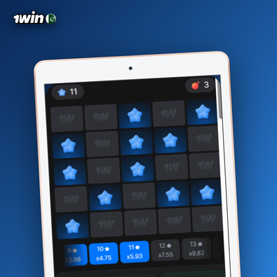 1Win Mines grid showing one mine and 24 safe gem tiles for low risk
