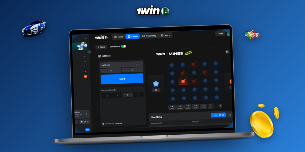1Win Mines demo mode on mobile and auto-play feature on desktop side by side