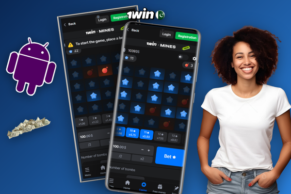1Win Mines game interface showing 5x5 grid with PKR stake and multiplier