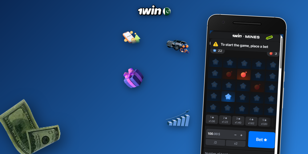 1Win Mines strategy banner showing target multiplier and stake cap tips
