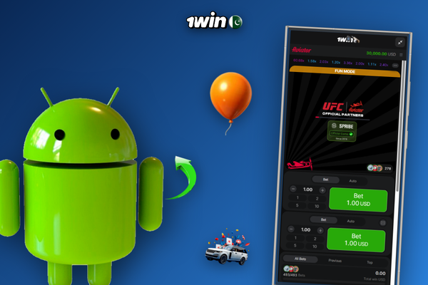 1Win mobile app home screen with cricket and Aviator games for Pakistan players
