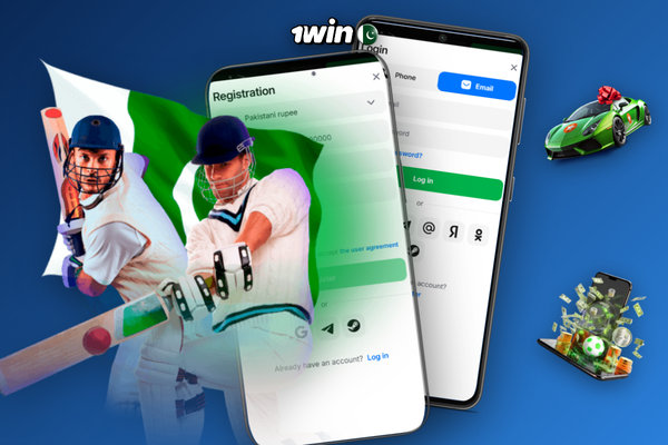 Hand holding Android phone with 1Win app registration form open on a Pakistan street