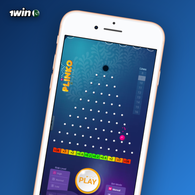 1Win Plinko casino low-risk board with ball landing in a centre multiplier slot
