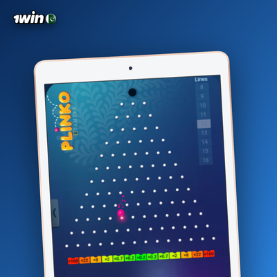 1Win Plinko casino medium-risk board with ball heading toward an off-centre slot