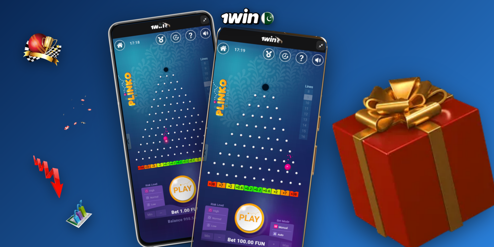 1Win Plinko game board showing pegs, multiplier slots and bet controls in action