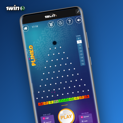 1Win Plinko casino high risk board with a ball hitting a glowing edge multiplier slot