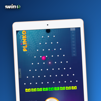 1Win Plinko casino low risk board with balls clustering in centre green slots