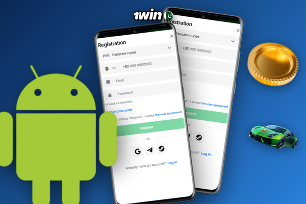 1Win sign up bonus form with promo code field and free spins reels