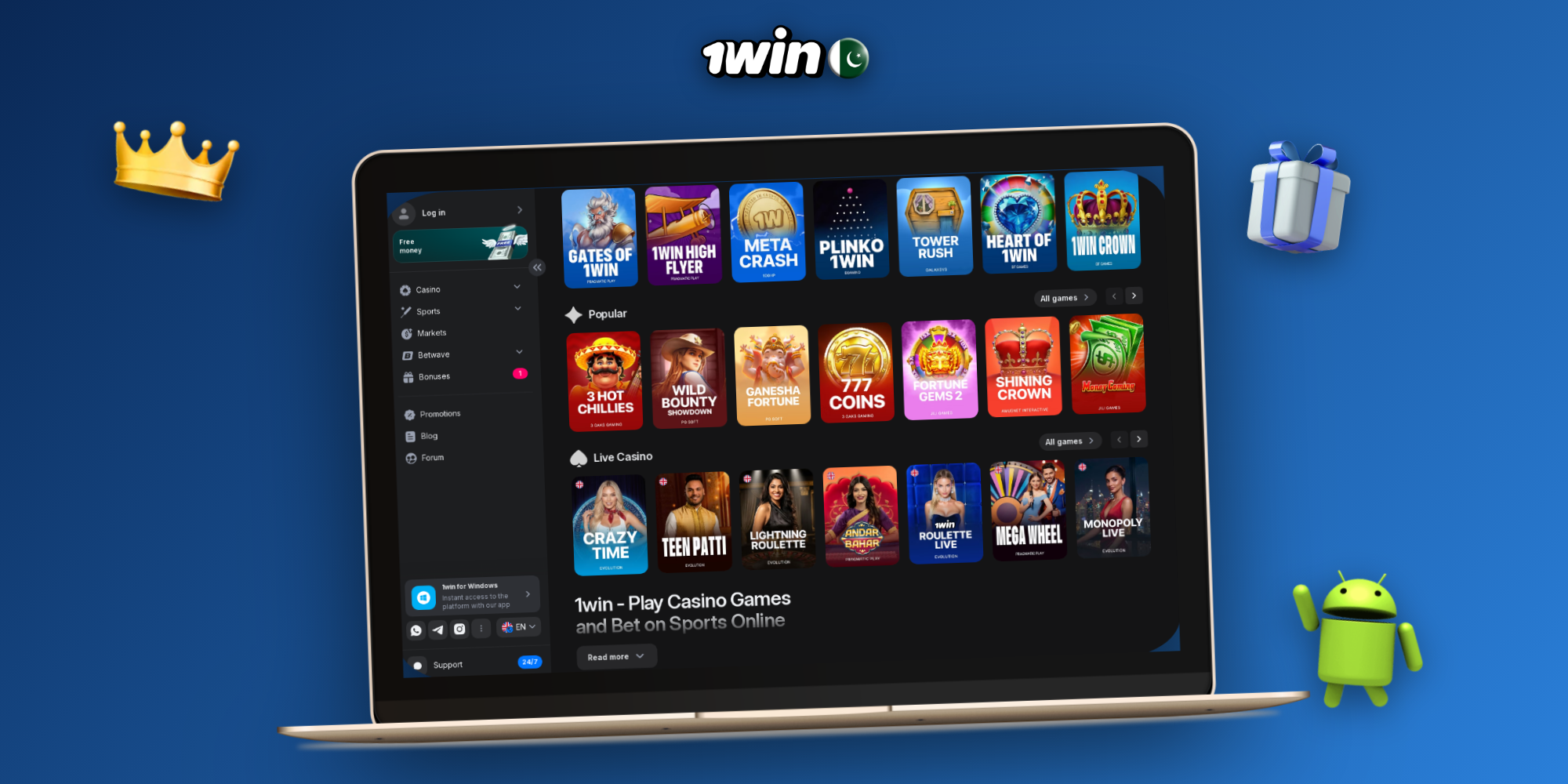 Three-step view of downloading, installing and launching the 1Win PC client on Windows